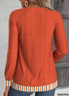 Long Sleeve Sweater With Splicing For Fall, Orange Color Block Long Sleeve Sweater, Orange Color Block Tops For Fall, Fall Orange Color Block Tops, Orange Buttoned Tops For Fall, Orange Tops With Buttons For Fall, Fall Orange Tops With Buttons, Orange Long Sleeve Top With Buttons, Orange Winter Tops For Layering