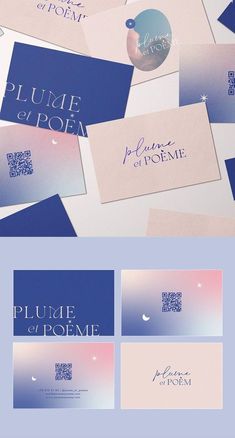 some blue and pink business cards on top of each other with the words pluie de pome