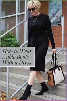 Womens Boots Ankle With Dress, Fall Short Dresses With Boots, Fall Dress With Ankle Boots, Black Ankle Boots With Dress, Jean Dress Fall Outfit, How To Wear Ankle Boots With Skirts, Dress With Booties Outfit, What To Wear With Ankle Boots, Fall Dresses With Booties