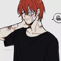 an anime character with red hair holding his hand to his ear