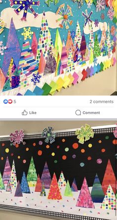 an image of a bulletin board decorated with colorful paper christmas trees and snowflakes