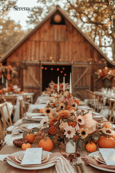 a long table with plates and place settings is set for an outdoor wedding reception in front of a barn