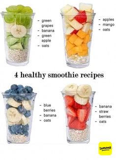 four healthy smoothie recipes in cups with fruits and cereals on the side, labeled