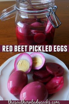 red beet pickled eggs on a white plate