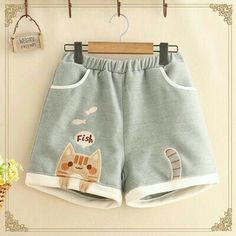 Cute Cotton Bottoms With Pockets, Cute Short-length Bottoms With Pockets, Cute Cotton Shorts, Cat Eat, Embroidery Shorts, Fish Embroidery, Shorts Pattern, Fashion Shorts