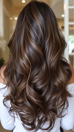 Chunky Highlights Balayage, Expresso Highlights On Brown Hair, Caramel Brown Hair Highlights, Dark Brown Hair Golden Highlights, Brown Sugar Highlights, Dark Brown With Honey Highlights, Shades Of Brown Highlights, Coffee Highlights Hair, Highlights In Long Hair