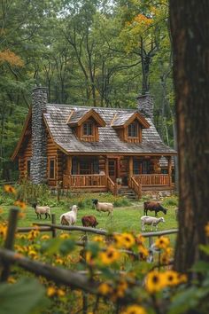 a log cabin surrounded by wildflowers and other animals in front of the house