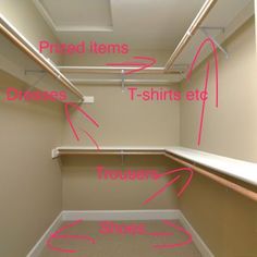 an empty walk - in closet with shelves labeled to show the propers for hanging items