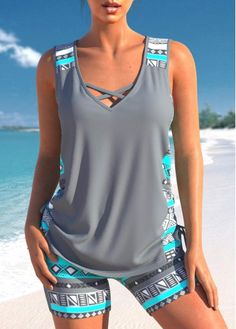 Color:Grey;Size:S;Size:M;Bra Style:Padded;Support:Wire Free;Pad Style:Removable;Strap Style:Unadjustable;Package Contents:1 X Top , 1 X Shorts;Occasion:Sport;Style:Tribal; Swimwear With Shorts, Celana Boxer, Lace Swimsuit, Surf Swimsuit, V Neck Tank Top, Tankini Set, Print Swimsuit, Tankini Swimsuits, Short En Jean