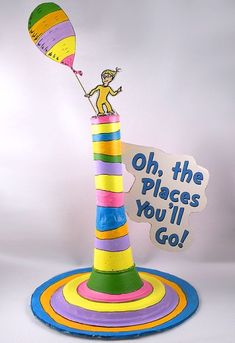 a birthday hat with a cat in the hat on top and a sign that says oh the places you'll go