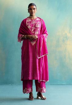 Shivani Bhargava-Pink Chanderi Kurta Set-INDIASPOPUP.COM Bandhani Suit, Easy Clothing, Tuxedo Accessories, Pink Kurta, Suits Design, Kurta With Pants, Silk Pants, Kurta Designs, Kurta Set