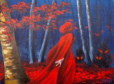 a painting of a woman in a red dress walking through the woods with two cats