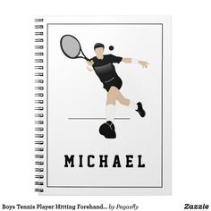 a spiral notebook with a tennis player holding a racquet on it's cover