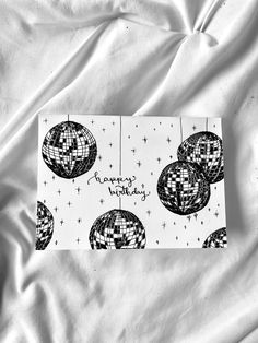 disco ball. party. sequin. stars. calligraphy. birthday. card. happy. black and white. graphic design. wall art. Happy Birthday Cards Diy, Birthday Card Ideas, 16th Birthday Card, Birthday Card Drawing, Cute Birthday Ideas, 18th Birthday Cards, Homemade Birthday Cards, Ball Birthday, Bday Cards