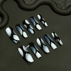 Black And White Blooming Gel Nails, Monochrome Nail Designs, Blue Black White Nails, Line Art Nail Design, Cybersigilism Nails, Cyberpunk Nails, Newspaper Nail Art, Gigi Nails, Edgy Nail Art