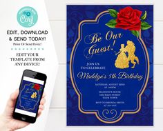 a person holding up a phone next to a blue and gold birthday card with a red rose on it