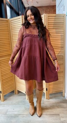 Fall Layering Dress, Fall Outfits Women Dresses And Boots, Womens Fall Dresses Casual, Shoes For Long Dresses Casual Fall, Western Chic Dress Outfit, Bridal Shower Guest Dress Fall, Casual Plus Size Dress, Dress With Long Sleeve Under, Casual Cute Dress