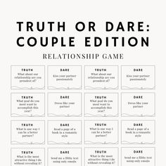 60 Truth or Dare cards couple edition including romantic, intimate, entertaining and fun date night ideas and activities.  The Purchase Includes: - 60 Truth or Care Cards (featuring 8 per page)      - 30 Truth Prompts      - 30 Dare Prompts - Bonus 4 blank cards for you to write 2 customised truth questions and 2 customised dare questions for you and your partner!  The cards come in a PDF format. Thank you for supporting mylovecordelia and buying a product from us! It is so very much appreciated.  Important Information This product is an Instant Download. There are NO physical items received.  No cancellations, refunds or exchanges are accepted.  Digital files may not be shared, redistributed or sold. If you have any issues, contact me and I will do my best to assist you. This Or That Questions Couple Edition, This Or That Questions Dating Edition, Questions For Dates, Truth Or Dare Questions For Couples Romantic, Truth Or Dare Couples Edition, Fun Activities To Do With Boyfriend, This Or That Relationship Edition, This Or That Dating Edition, This Or That Couple Edition