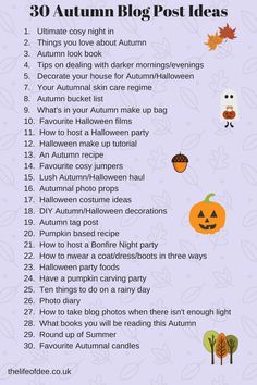 the 30 autumn blog post ideas list with pumpkins, leaves and other things to do