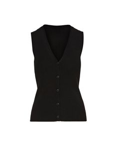 Elevate your workwear with a classic knit rib waistcoat. Designed to be worn as a top on its own or styled over a shirt or blouse, our waistcoat reimagines traditional suiting for the modern working woman. The slim silhouette features an all over ribbed pattern, a fitted v-neck silhouette, and button closure. Wear with relaxed trousers and sneakers for a cozy yet put-together ensemble. Classic Sweater Vest For Workwear In Spring, Classic Black Sweater Vest For Spring, Classic Sweater Vest With Button Closure For Work, Chic Sweater Vest For Work With Button Closure, Elegant Winter Workwear Sweater Vest, Formal Vest Top For Fall, Elegant Black V-neck Sweater Vest, Classic Business Casual Vest Top, Versatile Fitted Sweater Vest For Work