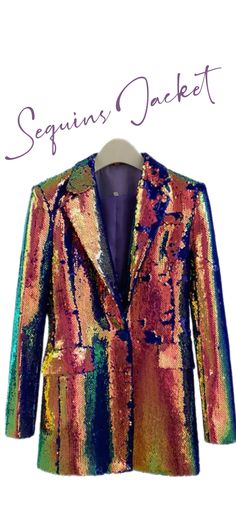 sequined jacket. fit up to size 12 Fitted Sequin Fabric For Fall, Fitted Disco Outerwear With Sequins, Fitted Sequin Disco Outerwear, Fitted Long Sleeve Blazer With Contrast Sequin, Fitted Sequin Blazer For Fall, Fitted Blazer With Contrast Sequin For Fall, Glamorous Sequined Long Sleeve Blazer, Glamorous Long Sleeve Sequin Blazer, Fitted Multicolor Sequined Outerwear