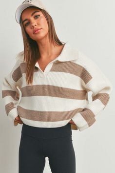 A new favorite is in - Shop the Stripe Drop Shoulder with Wide Collar Sweater. A perfect blend of comfort and style! This trendy sweater features eye-catching stripes and a chic wide collar, making a bold statement effortlessly. Here's The Details: ❥ Color: Taupe ❥ Striped pullover sweater ❥ Wide collar ❥ Designed with a relaxed drop shoulder for laid-back elegance ❥ Wide long sleeves ❥ V-neckline ❥ This sweater keeps you cozy and fashionable all day long. ❥ Crafted from high-quality materials, Chic Fall Sweater With Striped Collar, Chic Sweater With Contrast Stripes For Winter, Chic Striped Knit Sweater, Trendy Ribbed Polo Sweater For Fall, Chic Striped Sweater For Fall, Winter Sweater With Striped Collar, Winter Knit Sweater With Striped Collar, Chic Fall Sweater With Contrast Stripes, Cozy Striped Ribbed Tops