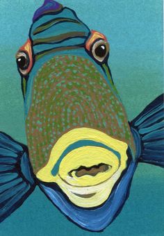 a painting of a blue and yellow fish