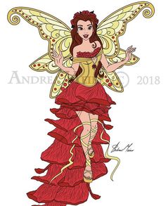 a drawing of a fairy with red dress and wings