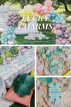 a collage of pictures with balloons and other items for a birthday party or baby shower