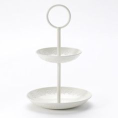 three tiered serving tray with circular handles on each side, in white lacquer