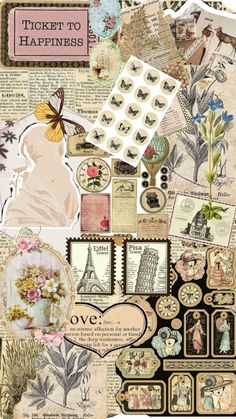 a collage of vintage postcards and stickers with the words ticket to happiness