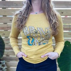 Brave & Kind | Mustard Long Sleeve | Medium. Yellow Long Sleeve Shirt, Yellow Long Sleeve, Yellow Crop Top, Screen Printing Shirts, Be Brave, Shirt Fabric, Mustard Yellow, Long Sleeve Shirt, Brave