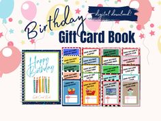 birthday gift card book with balloons and stars