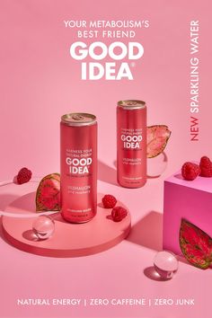 two cans of good idea energy drink with raspberries