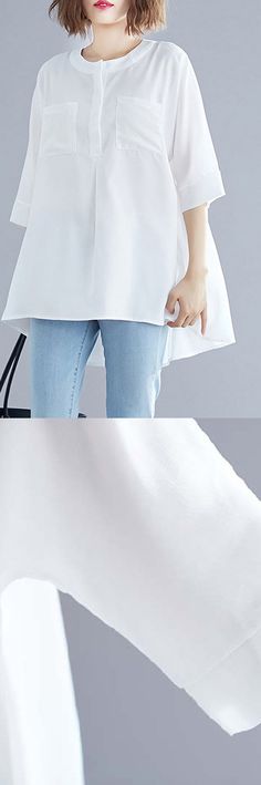 Art white cotton top silhouette low high design Midi summer half sleeve shirt Loose Top Outfit, White Cotton Top, Half Sleeve Shirt, Linen Tunic Tops, Half Sleeve Shirts, High Design, Linen Tunic, 2020 Fashion, Higher Design