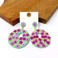 Mint green Beaded Circular Drop Earrings with Floral Designs. Pictured on a white background with a wood piece at the top. Outfit Mint, Spring Time Outfits, Giddy Up Glamour, Purple And Yellow, Floral Designs, Spring Time, Mint Green, Floral Design, Mint