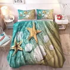 a bed with starfish and seashells on it