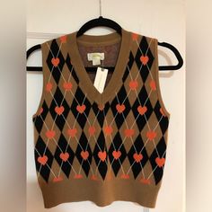 Nwt. Maeve By Anthropologie. Heart Argyle Sweater Vest. Women's Size Xs. Fitted Heart Print Tops For Fall, Fitted Heart Print Sweater For Fall, Fitted Winter Top With Heart Print, Casual Sleeveless Argyle Sweater Vest, Crochet Argyle Sweater Vest, V Neck Argyle Sweater, Fall V-neck Argyle Sweater Vest, Argyle Sweater Vest, Argyle Sweater