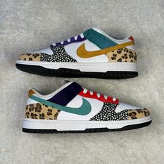 New Nike Dunk Low Se Animal Size Women’s 6.5 Color White, Light Curry, Washed Teal White Leather Upper, Black Outsole, Mismatch Safari Patterns Overlays With Faux Fur, Leopard Print, Neon Brand New, Never Worn, With Original Box 100% Authentic Leopard Nike Shoes, Retro Sneakers Women, Safari Pattern, Colorful Animal Print, Nike Tanjun, Nike Tennis Shoes, Pink Bodycon Dresses, Nike Air Force Ones, Casual Sneakers Women