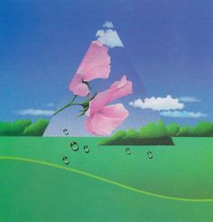 a pink flower with drops of water on it in front of a blue sky and green field