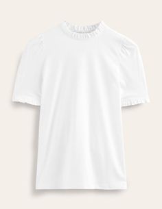 A simple cotton tee with a point of difference - this one has frilled trims and short puffed sleeves. Perfect for when you want to throw on something easy but still look put-together. Frill Shirt, Tunic Leggings, White Shirts Women, Boden Uk, Simple Tshirt, Chunky Knitwear, Formal Shirts For Men, Newborn Dresses, Socks And Tights