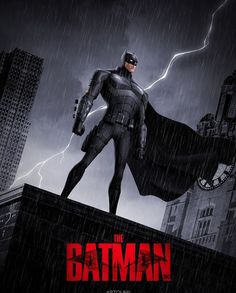 the batman movie poster is shown with lightning in the background