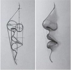 three different views of the same face, one is drawn in pencil and the other is drawn