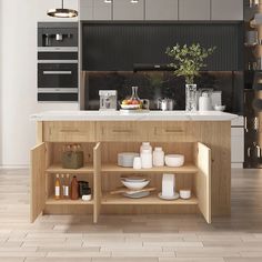 a kitchen with wooden cabinets and white counter tops, along with an island in the middle