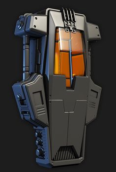 a stylized image of a robot suit with orange and blue colors on the side, against a black background