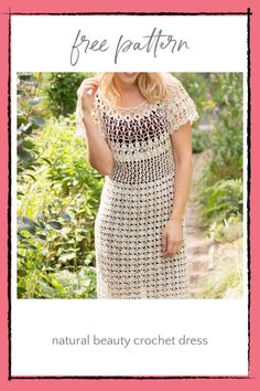 a woman wearing a crochet dress with the words free pattern on it and an image