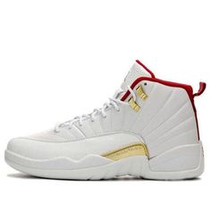 To commemorate the FIBA Basketball World Cup hosted by China, the Nike Air Jordan 12 "FIBA" features the colors on the Chinese national flag and complements it with a white base. The signature stitched full grain leather upper is in white, accentuated by metallic gold. Vibrant red appears on the sockliner, Jumpman logo and heel. Five Chinese characters meaning "Love The Game" read below the heel strap. (SNKR/Men's/Non-Slip/High Top/World Cup/Basketball/Shock-absorbing) White Basketball Shoes With Embossed Logo And Round Toe, White Basketball Shoes With Embossed Logo, White Leather Jordan Shoes Sporty Style, Custom White Sneakers With Cushioned Footbed For Sports, Sporty White Custom Sneakers With Embossed Logo, Leather Basketball Shoes With Boost Midsole For Sports, White Sporty Custom Sneakers With Embossed Logo, White Sporty Basketball Shoes With Embossed Logo, Casual White Custom Sneakers For Basketball