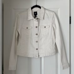 White Denim Jacket With Slight Stretch. Four Front Pockets. Brand New Without Tags. Never Worn Great Condition Fitted White Denim Jacket With Button Closure, Fitted White Outerwear For Everyday, White Fitted Denim Jacket For Fall, Fitted White Denim Jacket For Fall, White Denim Jacket, Jean Jackets, White Denim, Jean Coat, Jean Jacket