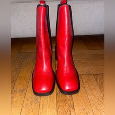 Brand New Red Asos Boots, Never Worn. True To Size Red Heeled Boots With Round Toe For Spring, Red Round Toe Heeled Boots For Spring, Red Ankle-high Heels With Stacked Heel, Red Square Toe Heeled Boots For Party, Red Stacked Heel Ankle-high Heels, Winter Red Heeled Boots With Reinforced Heel, Red Heeled Boots With Reinforced Heel For Winter, Red Leather Heels For Winter, Red Heels With Reinforced Heel For Fall