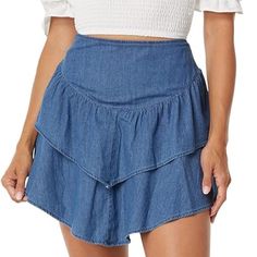 Fits Like A 12 Blue Tiered Denim Skirt For Spring, Spring Blue Tiered Denim Skirt, Summer Denim Tiered Mini Skirt, Blue Ruffled Denim Skirt, Blue Tiered Ruffled Denim Skirt, Trendy Blue Ruffled Skirt, Blue Ruffled Denim Skirt For Spring, Trendy Blue Mini Skirt With Ruffles, High-waist Blue Skort With Ruffles